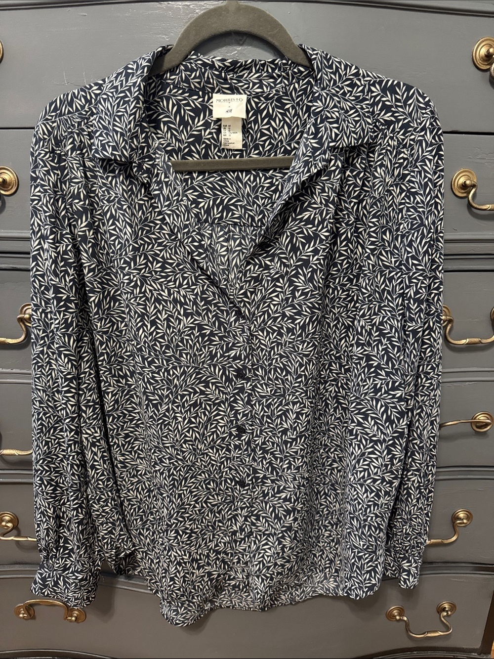 H&M Navy and White Leaf-Print Button-Up Blouse